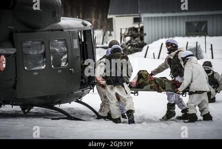 STOCKHOLM 20150316 Mark Morris est un acteur de la société mandataire « Amputees in action ». Il a été transporté par avion pour un exercice de l'OTAN dans le nord de la Norvège. - J'ai servi dans les Malouines mais ce n'était pas là où j'ai perdu la jambe, c'était dans un accident de travail. J'ai eu un conteneur sur moi. La jambe a dû être amputée, mais maintenant je suis ici travailler donc ce n'était pas seulement mauvais, dit-il au journal suédois Dagens Nyheter. Les quatre dernières années ont été incluses dans les écuries de la société d'agents «Amputees in ActionÂ» au Royaume-Uni. Les acteurs sont embauchés pour obtenir une touche réaliste pendant les exercices militaires. Foto : Magnus Hallgren Banque D'Images