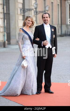 EXCLUSIF - HRH le prince Nikolaos de Grèce et HRH la princesse Tatiana arrivent pour le mariage du prince Carl Philip et de Sofia Hellqvist dans la chapelle royale de Stockholm, en Suède. Banque D'Images