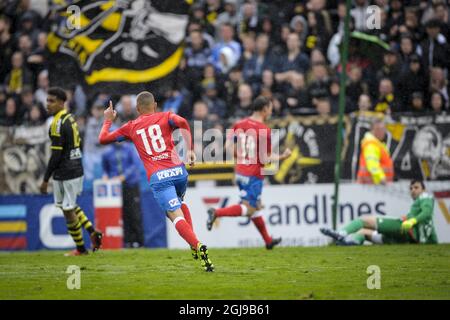 HELSINGBORG 2015-07-19 Helsingborgs Jordan Larsson (18) célèbre le but d'ouverture de son match de football de première ligue suédois à Olympia à Helsingborg, dans le sud de la Suède, le 19 juillet 2015. Photo: Bjorn Lindgren / TT / code 9204 Banque D'Images