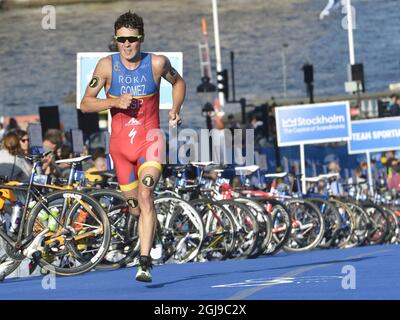 STOCKHOLM 2015-08-22 Javier Gomez Noya de l'Espagne pendant la course de 10 km de la distance olympique masculine du Triathlon mondial 2015 de l'UIT à Stockholm, Suède, le 23 août 2018. Photo: Jonas Ekstromer / TT / Kod 10080 ** SUÈDE OUT ** Banque D'Images