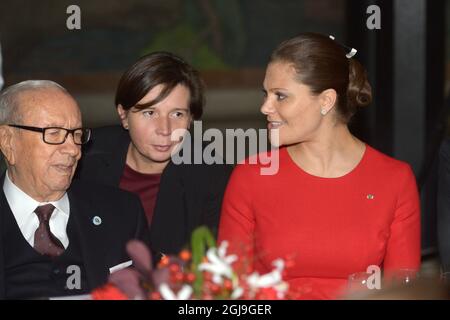 STOCKHOLM 2015-11-05 la princesse Victoria s'entretient avec le président de la Tunisie, Beji CaÃƒÂ¯d Essebs, lors d'un déjeuner à l'hôtel de ville de Stockholm, Suède, le 5 novembre 2015. Le Président tunisien est en visite d'État en Suède. Foto: Maja Suslin / TT Kod 10300 Banque D'Images