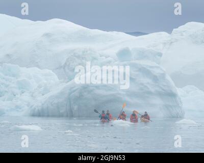 Faites du kayak dans le brouillard devant d'énormes icebergs. Ilulissat Icefjord à Disko Bay. Le fjord d'Icefjord est classé au patrimoine mondial de l'UNESCO, au Groenland. (Éditorial U Banque D'Images