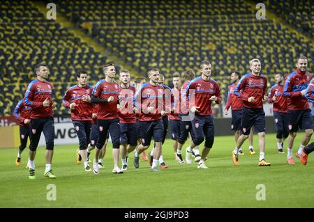 L'équipe nationale tchèque de football lors d'une session d'entraînement à Friends Arena à Stockholm, Suède, le 28 mars 2016, à la veille d'un match de football amical contre la Suède. Photo: Fredrik Sandberg / TT / code 10080 Banque D'Images