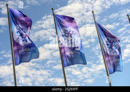 STOCKHOLM 2016-05-02 les logos du Concours Eurovision de la chanson volent depuis des pôles dans le centre de Stockholm, Suède, le 2 mai 2016, Stockholm passe par une remake avant la finale du Concours Eurovision de la chanson à Stockholm, semaine 19, Foto: Anders Wiklund / TT / Kod 10040 Banque D'Images