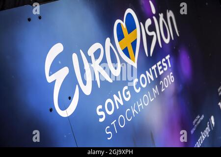 STOCKHOLM 2016-05-02 le logo du Concours Eurovision de la chanson est vu dans le centre de Stockholm, Suède, le 2 mai 2016, Stockholm passe par un remake avant la finale du Concours Eurovision de la chanson à Stockholm, semaine 19, Foto: Anders Wiklund / TT / Kod 10040 Banque D'Images