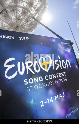 STOCKHOLM 2016-05-02 le logo du Concours Eurovision de la chanson est vu dans le centre de Stockholm, Suède, le 2 mai 2016, Stockholm passe par un remake avant la finale du Concours Eurovision de la chanson à Stockholm, semaine 19, Foto: Anders Wiklund / TT / Kod 10040 Banque D'Images