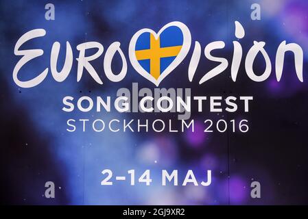 STOCKHOLM 2016-05-02 le logo du Concours Eurovision de la chanson est vu dans le centre de Stockholm, Suède, le 2 mai 2016, Stockholm passe par un remake avant la finale du Concours Eurovision de la chanson à Stockholm, semaine 19, Foto: Anders Wiklund / TT / Kod 10040 Banque D'Images