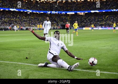 Paul Pogba, en France, en action pendant la coupe du monde de la FIFA 2018, a participé à Un match de football de qualification entre la Suède et la France le 9 juin 2017 à l'Aréna Friends Arena de Solna, Stockholm. Photo Marcus Ericsson / TT / code 11470 Banque D'Images