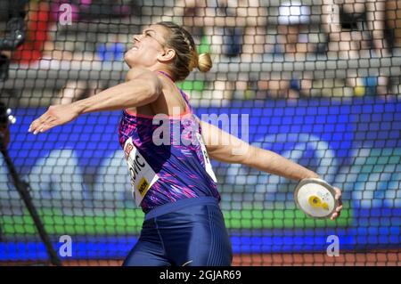 Sandra Perkovic, de Croatie, en action lors de l'événement discus féminin lors de la rencontre de la Ligue des diamants de l'IAAF au stade de Stockholm le 18 juin 2017. Photo: Jessica Gow / TT / code 10070 Banque D'Images