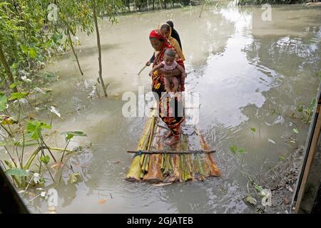 Tarotia, 9 septembre 202Les femmes pagayent sur des palmiers attachés sur la rivière , à elles peuvent quitter le village de Tarotia inondé après de la croissance de la rivière en raison de fortes pluies . Environ un peuple lakh de Tangail Sadar Upazila vivent une vie misérable en étant piégé dans l'eau en raison de l'augmentation de l'eau de rivière. Le 9 septembre 2021 à Dhaka, au Bangladesh. (Photo par Maruf Rahman / Eyepix Group) Banque D'Images