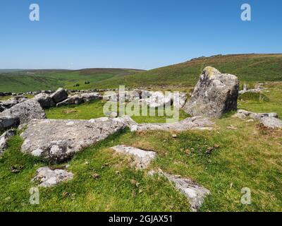Grimspround préhistorique sous Hookney Tor, parc national de Dartmoor, Devon Banque D'Images