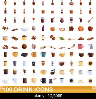 100 icônes de boissons définies. Illustration de dessin animé de 100 icônes de boisson vecteur isolé sur fond blanc Illustration de Vecteur