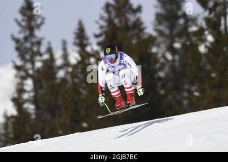 Marcel Hirscher, d'Autriche, en action lors de la course finale du Super G masculin à la coupe du monde de ski alpin FIS à l'est, en Suède, le 15 mars 2018. Poto : Pontus Lundahl / TT / 10050 Banque D'Images