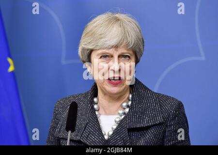 STOCKHOLM 20180409 la première ministre britannique Theresa May et le premier ministre suédois Stefan Lofven donnent une conférence de presse à la suite de discussions à Rosenbad, Stockholm, Suède, le lundi 9 avril 2018. Photo: Jonas Ekstromer / TT / code 10030 Banque D'Images