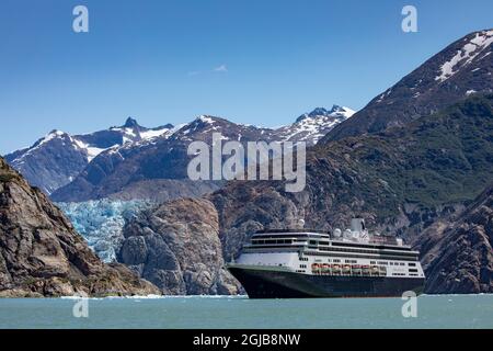 États-Unis, Alaska, Tracy Arm-Fords Terror Wilderness, Hollande Amérique bateau de croisière Zaandam à moteur près du glacier South Sawyer à Tracy Arm l'été matin Banque D'Images