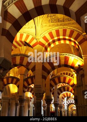 Plan vertical des arches mihrab dans la cathédrale Mezquita de Cordoue, Espagne Banque D'Images