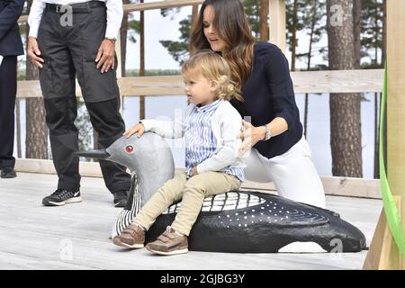 NYNAS 2018-08-18 Prince Carl Philip, Princesse Sofia, Prince Alexander visite de la réserve naturelle de Nynas I Sodermanland, Suède jeudi. Le prince Alexander, qui est le duc du comté de Sodermanland, a inauguré son cadeau de baptême du comté qui est un chemin et un point d'observation dans la réserve naturelle Foto: Jonas Ekstromer / TT / Kod 10030 Banque D'Images