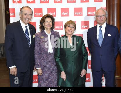 Jan Eliasson, Reine Silvia, Michelle Bachelet, Roi Carl XVI Gustaf présence à la conférence SIPRI, Musikaliska akademien, Stockholm, 2019-05-27 (c) Karin Tornblom / TT Banque D'Images