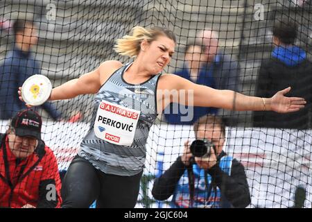 Sandra Perkovic, de Croatie, en action lors de la discus des femmes lors de la réunion de la Ligue des diamants de l'IAAF au stade olympique de Stockholm, en Suède, le 30 mai 2019. Photo Fredrik Sandberg / TT 7 code 10080 Banque D'Images