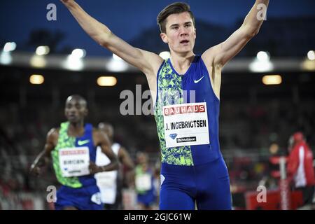 Jakob Ingebrigtsen, de Norvège, réagit après s'être placé troisième dans la course masculine de 1500m lors de la rencontre de la Ligue des diamants de l'IAAF au stade olympique de Stockholm, en Suède, le 30 mai 2019. Photo Fredrik Sandberg / TT 7 code 10080 Banque D'Images