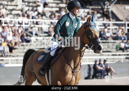 STOCKHOLM 20190614 Jessica Springsteen fait le cheval RMF Swinny du Parc lors de la compétition de saut en équipe Ligue mondiale des Champions à Stockholms stadion, Stockholm, Suède le 14 juin 2019. Foto: Fredrik Persson / TT / Kod 1081 Banque D'Images