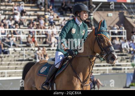 STOCKHOLM 20190614 Jessica Springsteen fait le cheval RMF Swinny du Parc lors de la compétition de saut en équipe Ligue mondiale des Champions à Stockholms stadion, Stockholm, Suède le 14 juin 2019. Foto: Fredrik Persson / TT / Kod 1081 Banque D'Images