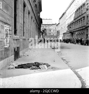 BUDAPEST 1956 Un policier secret hongrois tué d'AVO, travaillant pour le régime ami des Soviétiques, situé dans une rue de Budapest pendant la révolution nationale contre la République populaire hongroise et ses politiques imposées par les soviétiques, du 23 octobre au 10 novembre 1956 photo: Anders Engman / Bonnierarkivet / TT / Kod: 3010 Banque D'Images