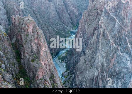 États-Unis, Colorado, Black Canyon of the Gunnison National Park, Gunnison River coule à la base de falaises métamorphiques abruptes. L'écran mural peint (droit) Banque D'Images