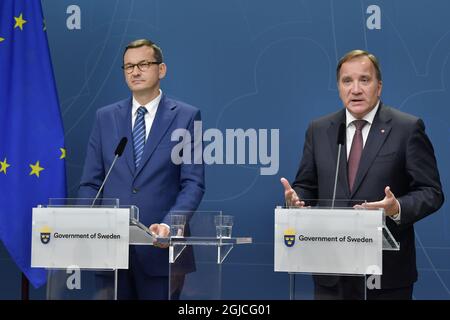 Le Premier ministre polonais Mateusz Morawiecki et le Premier ministre suédois Stefan Lofven lors d’une conférence de presse conjointe après leurs entretiens à Stockholm, en Suède, le 29 août 2019. Photo: Anders Wiklund / TT / Kod 10040 Banque D'Images