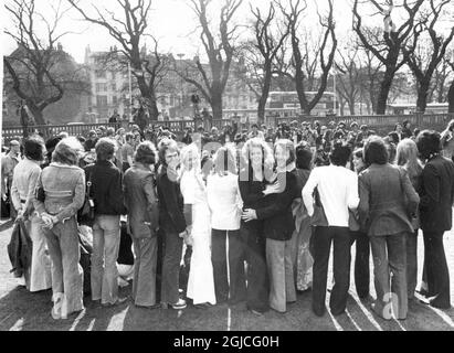 Abba à Brighton 1974 avant la finale du Concours Eurovision de la chanson Benny Andersson, Bjorn Ulvaeus, Anni-Frid Frida Lyngstad et Agnetha Faltskog Banque D'Images