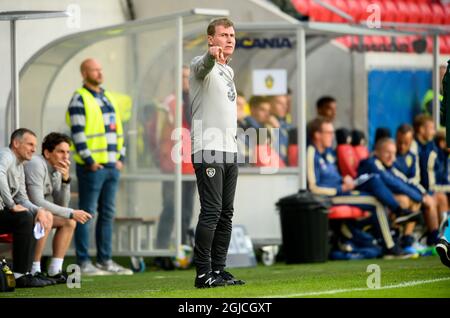 Stephen Kenny, entraîneur irlandais, se charge des gestes pendant le groupe de qualification 1 de la coupe d'Europe des moins de 21 ans entre la Suède et la République d'Irlande à Kalmar Arena le mardi 10 septembre 2019. Photo Patric Soderstrom / TT / code 10760 Banque D'Images