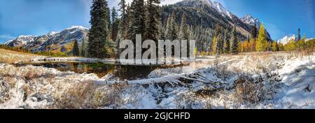 Un plumeau frais sur les couleurs de l'automne signifie le changement de la garde dans les montagnes Rocheuses du Colorado Banque D'Images