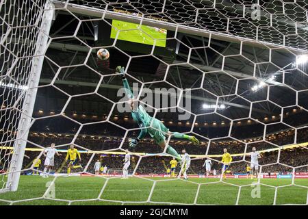 Le gardien de but espagnol David de Gea en action lors du match de qualification Euro 2020 Groupe F entre la Suède et l'Espagne à Friends Arena à Solna, Stockholm, Suède, le 15 octobre 2019. Photo: Jessica Gow / TT / code 10070 Banque D'Images