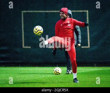 Jordan Henderson, joueur de football à Liverpool FC, pendant l'entraînement à Melwood à Liverpool photo Peter van den Berg / Aftonbladet / TT code 2512 Banque D'Images