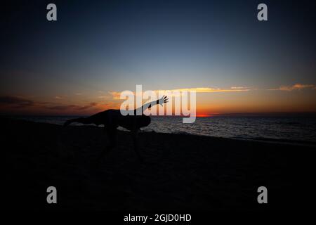 Silhouette d'un homme qui fait de l'exercice sur une roue à cardans sur la plage au coucher du soleil avec la mer et le ciel en arrière-plan Banque D'Images