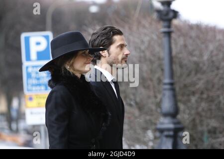 Princesse Sofia et prince Carl Philip lors des funérailles de Dagmar von Arbin dans l'église Oscars dans le centre de Stockholm, Suède le mardi 4 février 2020 photo Patrik Osterberg / TT Kod 2857 Banque D'Images