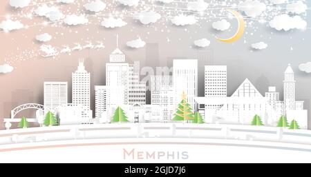Memphis Tennessee City Skyline en papier coupé avec flocons de neige, lune et Neon Garland. Illustration vectorielle. Concept Noël et nouvel an. Illustration de Vecteur