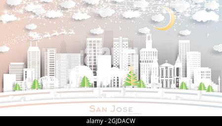 San Jose California City Skyline en style papier coupé avec flocons de neige, lune et Neon Garland. Illustration vectorielle. Concept Noël et nouvel an. Père Noël Illustration de Vecteur