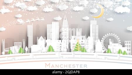 Manchester UK City Skyline en papier coupé avec flocons de neige, lune et Neon Garland. Illustration vectorielle. Concept Noël et nouvel an. Illustration de Vecteur