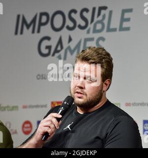 Dsicus thrameur Daniel Stahl (SWE) lors d'une conférence de presse en prévision du gala de jeudi sur piste et terrain "les jeux impossibles" à Bislett à Oslo, Norvège, le 10 juin 2020. Photo: Jonas Ekstromer / TT / code 10030 Banque D'Images