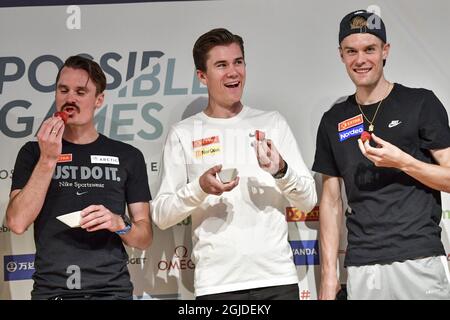 Henrik Ingebrigtsen (NOR), Jakob Ingebrigtsen (NOR) et Filip Ingebrigtsen (NOR) lors d'une conférence de presse en prévision du gala de jeudi sur piste et de terrain « Jeux impossibles » à Bislett à Oslo, Norvège, le 10 juin 2020. Photo: Jonas Ekstromer / TT / code 10030 Banque D'Images