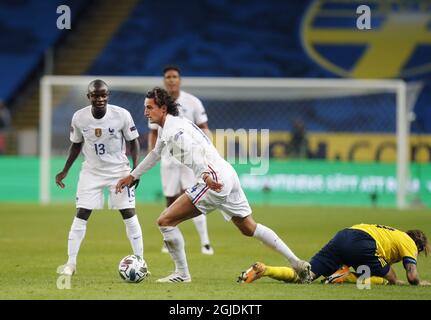 Adrien Rabiot en France et à gauche au cours du match de football de la Ligue des Nations de l'UEFA entre la Suède et la France au stade Friends Arena de Stockholm, Suède le 05 septembre 2020. Photo: Christine Olsson / TT / Kod 10430 Banque D'Images