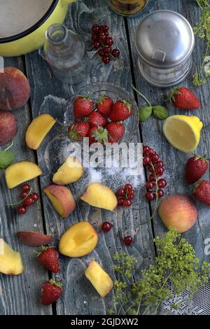 Fraises, pêches, citron et sucre pour faire de la limonade maison photo: Janerik Henriksson / TT / code 10010 Banque D'Images