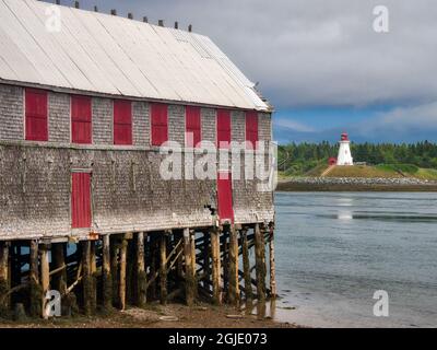 États-Unis, Maine, Lubec. Phare de Mulholland point vu de la ville de Lubec, Maine. Banque D'Images