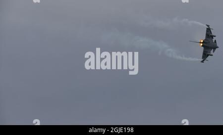 Zeltweg, Autriche 6 SEPTEMBRE 2019 flamme d'un avion de chasse. Eurofighter Typhon AFE de l'Armée de l'Air autrichienne Banque D'Images