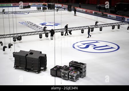 Les préparatifs sont en cours pour les Championnats du monde de patinage artistique 2021 de l'UIP à la Stockholm Globe Arena, à Stockholm, en Suède, le 19 mars 2021. L'événement devrait avoir lieu du 22 au 28 mars 2021. Photo: Jessica Gow / TT / code 10070 *** SUÈDE OUT *** Banque D'Images