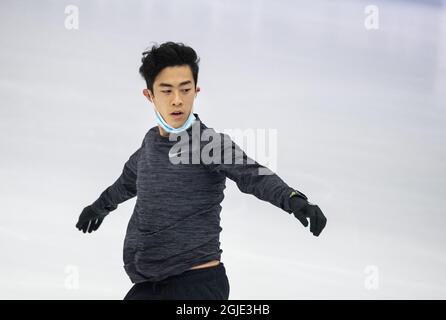 Nathan Chen, des États-Unis, en action lors d'une séance d'entraînement avant les Championnats du monde de patinage artistique de l'UIP à l'arène Globe de Stockholm, en Suède, le 23 mars 2021. Photo: Pontus Lundahl / TT / code 10050 *** SUÈDE OUT *** Banque D'Images