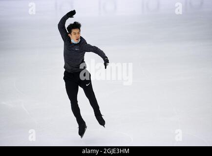 Nathan Chen, des États-Unis, en action lors d'une séance d'entraînement avant les Championnats du monde de patinage artistique de l'UIP à l'arène Globe de Stockholm, en Suède, le 23 mars 2021. Photo: Pontus Lundahl / TT / code 10050 *** SUÈDE OUT *** Banque D'Images