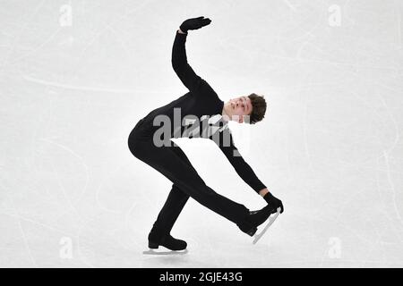 STOCKHOLM 20210325 Lukas Britschgi de Suisse pendant le programme court pour hommes aux Championnats du monde de patinage artistique de l'UIP en Suède jeudi. Foto Jessica Gow / TT Kod 10070 Banque D'Images