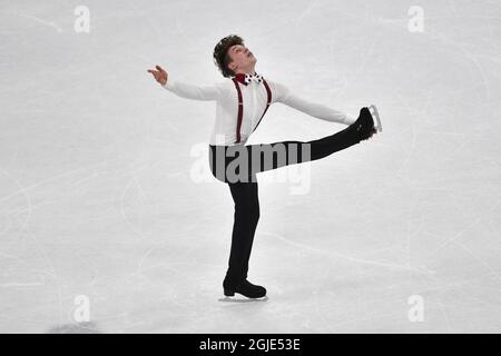 Lukas Britschgi, de Suisse, se produit lors du patinage libre des hommes aux Championnats du monde de patinage artistique de l'UIP à Stockholm, Suède, le 27 mars 2021. Photo Jessica Gow / TT Kod 10070 Banque D'Images